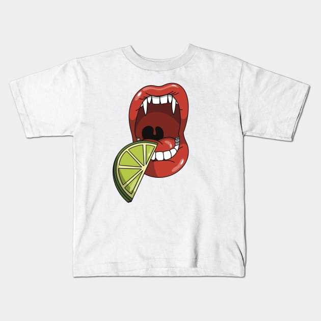 Mouth with vampire teeth about to take a bite into slice of lime Kids T-Shirt by Fruit Tee